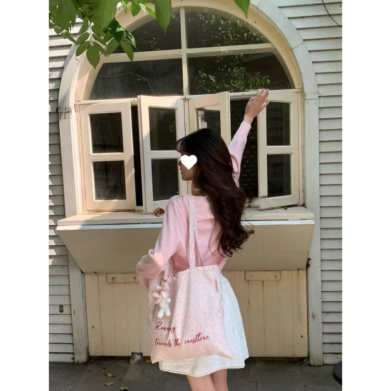 2025 bag autumn new romantic pink flower casual canvas bag, simple, niche, lightweight, college student large capacity handbag, designer canvas bag