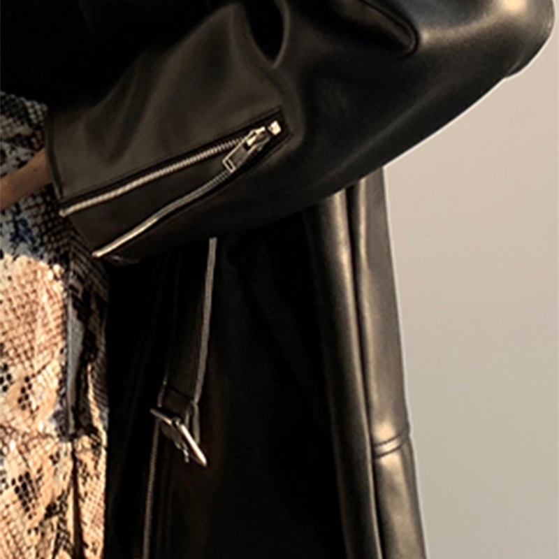 Lautaro Black Faux Leather Biker Jacket Long Sleeve Zipper Belt Loose Luxury Korean Fashion Autumn Clothes Women Wholesale y250828