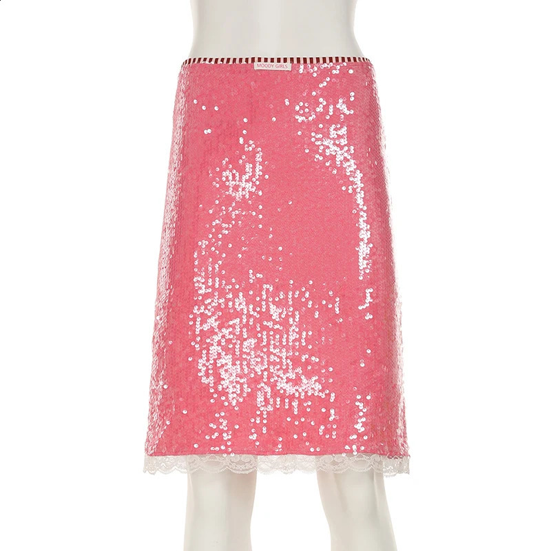 SUCHCUTE Elegant Pink Sequin Skirt for Women Summer Streetwear Fashion Lady Slim Bodycon Skirts Vacation Club Party Skirts Y2K 250828
