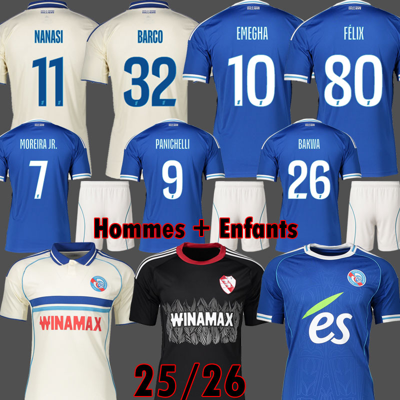 RC Strasbourg Alsace EMEGHA soccer jerseys 25 26 BAKWA FELIX PANICHELLI maillot de foot 2025 2026 MOREIRA JR BARCO AMOUGOU shirt Men Kids Kit