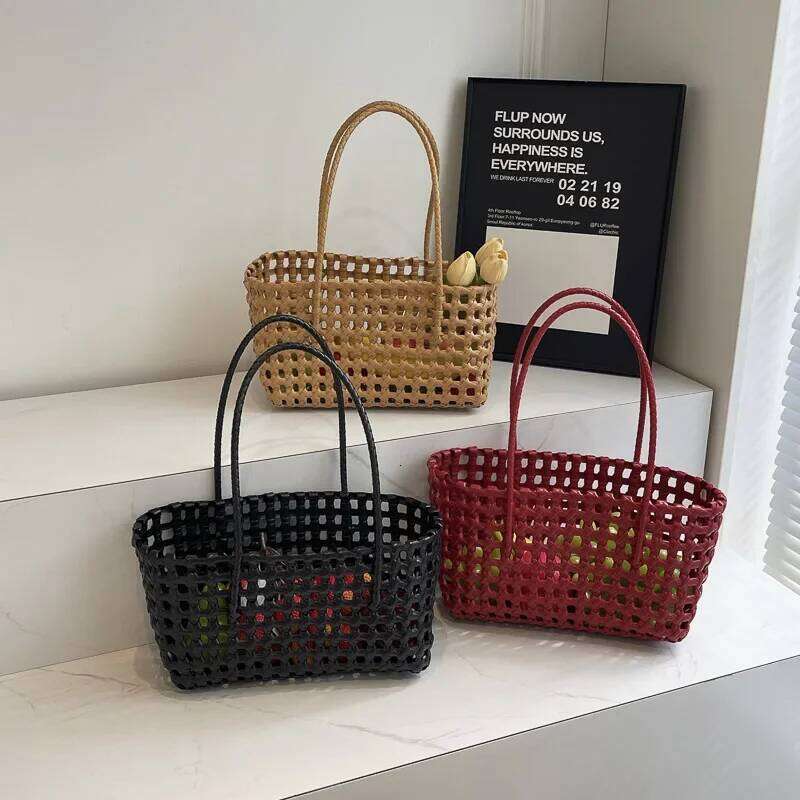 LEFTSIDE Small Solid Color Weave Tote For Women 2025 Fashion Summer Shoulder Bags Simple Handbags Hollow Out Beach Bag