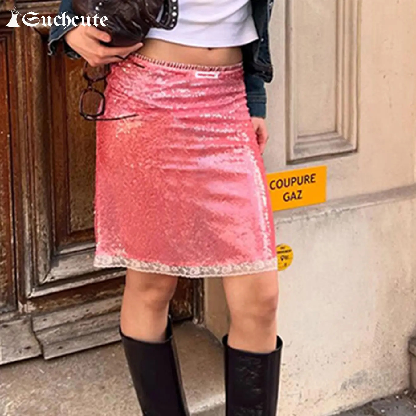 SUCHCUTE Elegant Pink Sequin Skirt for Women Summer Streetwear Fashion Lady Slim Bodycon Skirts Vacation Club Party Skirts Y2K 250828