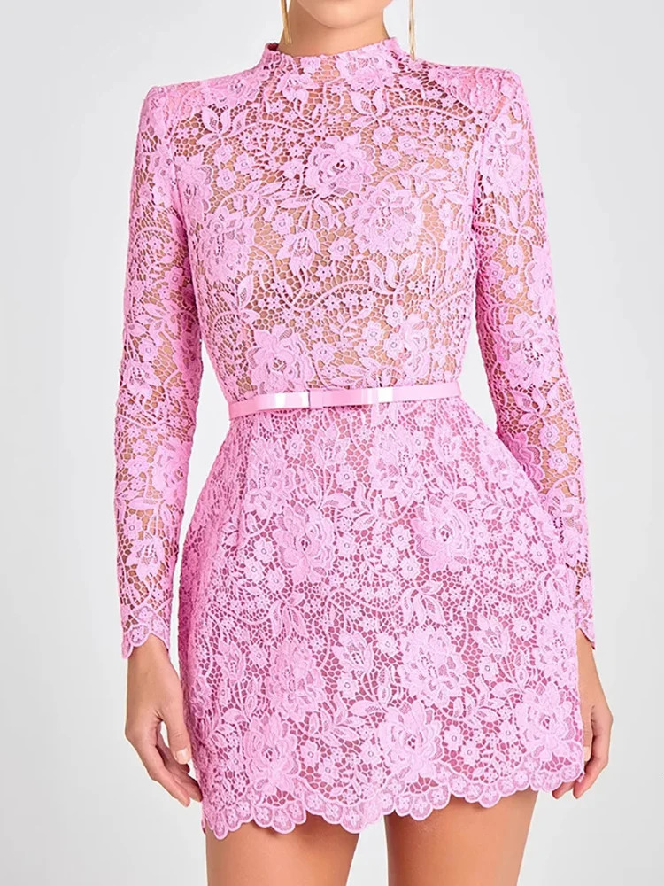 Holiday Round Neck Lace Mini Dres Summer Solid Hollow Out High Street Party Dress 2025 Full Sleeve Elegant Ladies 250829