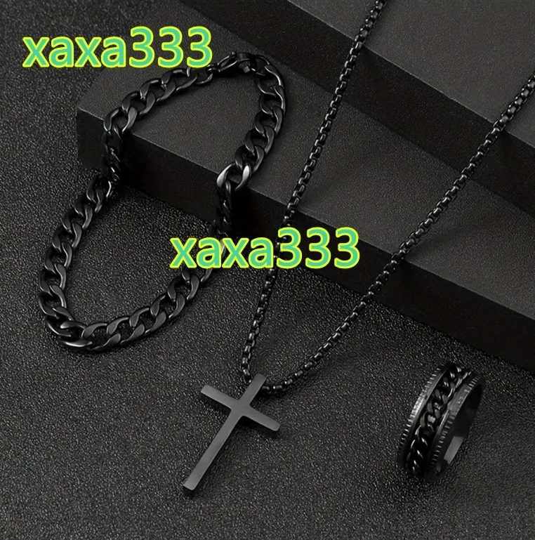 3PCS OEM Popular Black Cable Chain Bracelet Rings Metal Cross Pendant Necklace for Men Seaside Vacation Party Jewelry Gift Set