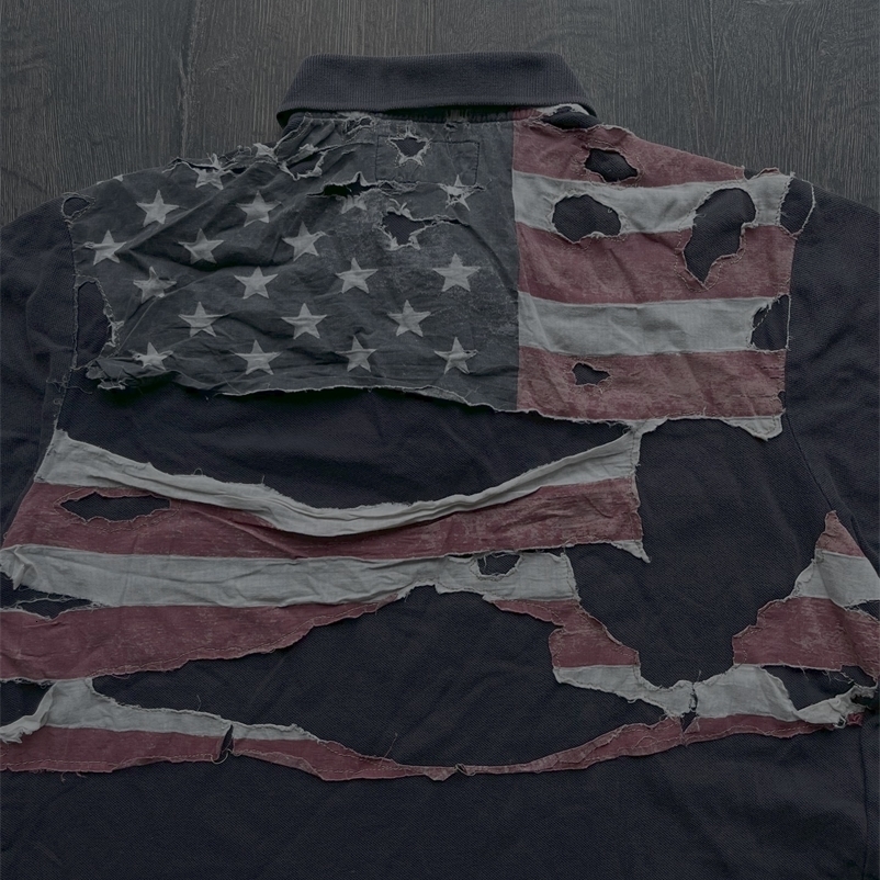 America Retro Flag Polo Shirt Streetwear Men Women Hip Hop Tear Patchwork Short Sleeve Shirt Y2k Cotton Top Baseball Clothing 250828