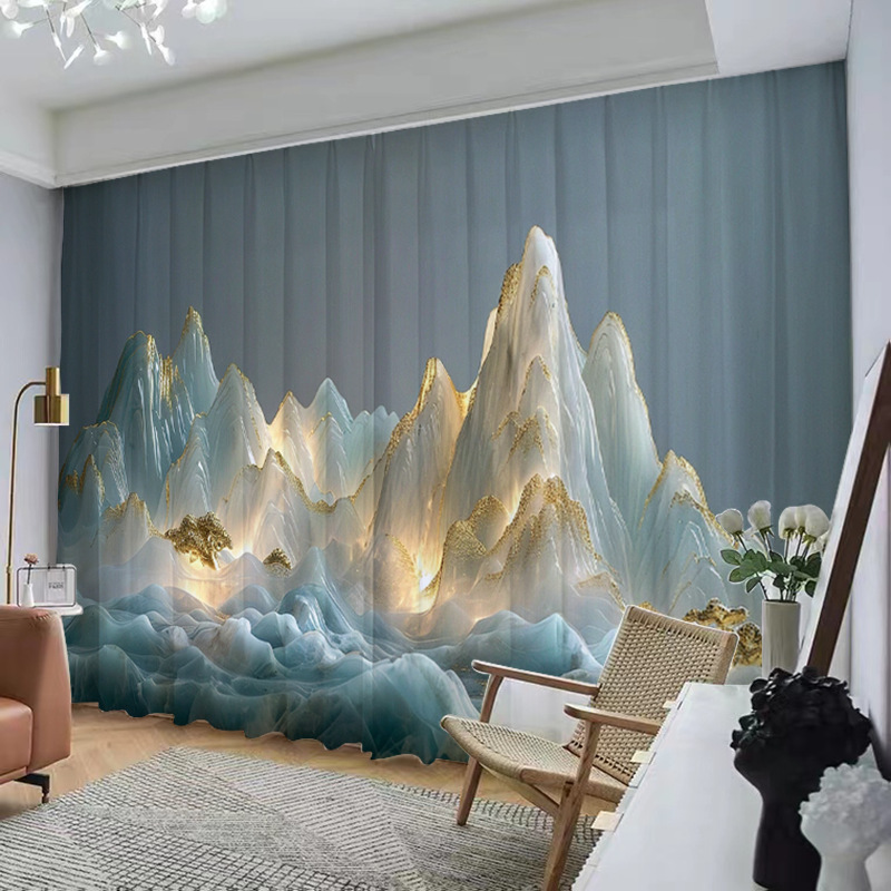 YL-37120 Chinese style ink landscape painting, new Chinese style curtains, new mesh curtains, classical and simple living room window curtain