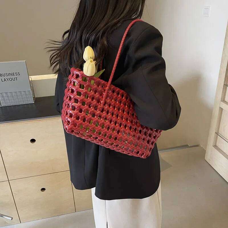 LEFTSIDE Small Solid Color Weave Tote For Women 2025 Fashion Summer Shoulder Bags Simple Handbags Hollow Out Beach Bag