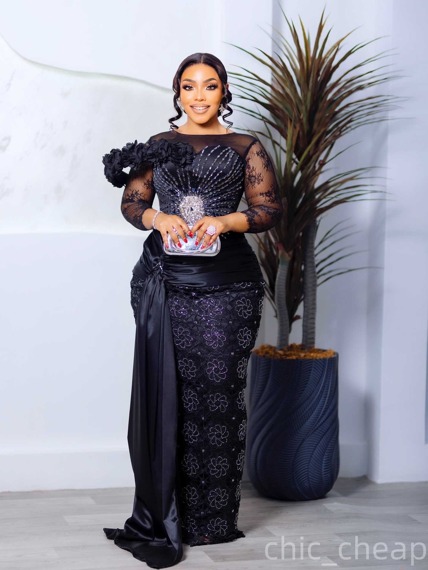 Aso Ebi Black Sheath Prom Dress 2025 Lace Beaded Crystals Flowers African Evening Formal Party Birthday Dresses Robe De Sorrie Reception Gowns For Spe