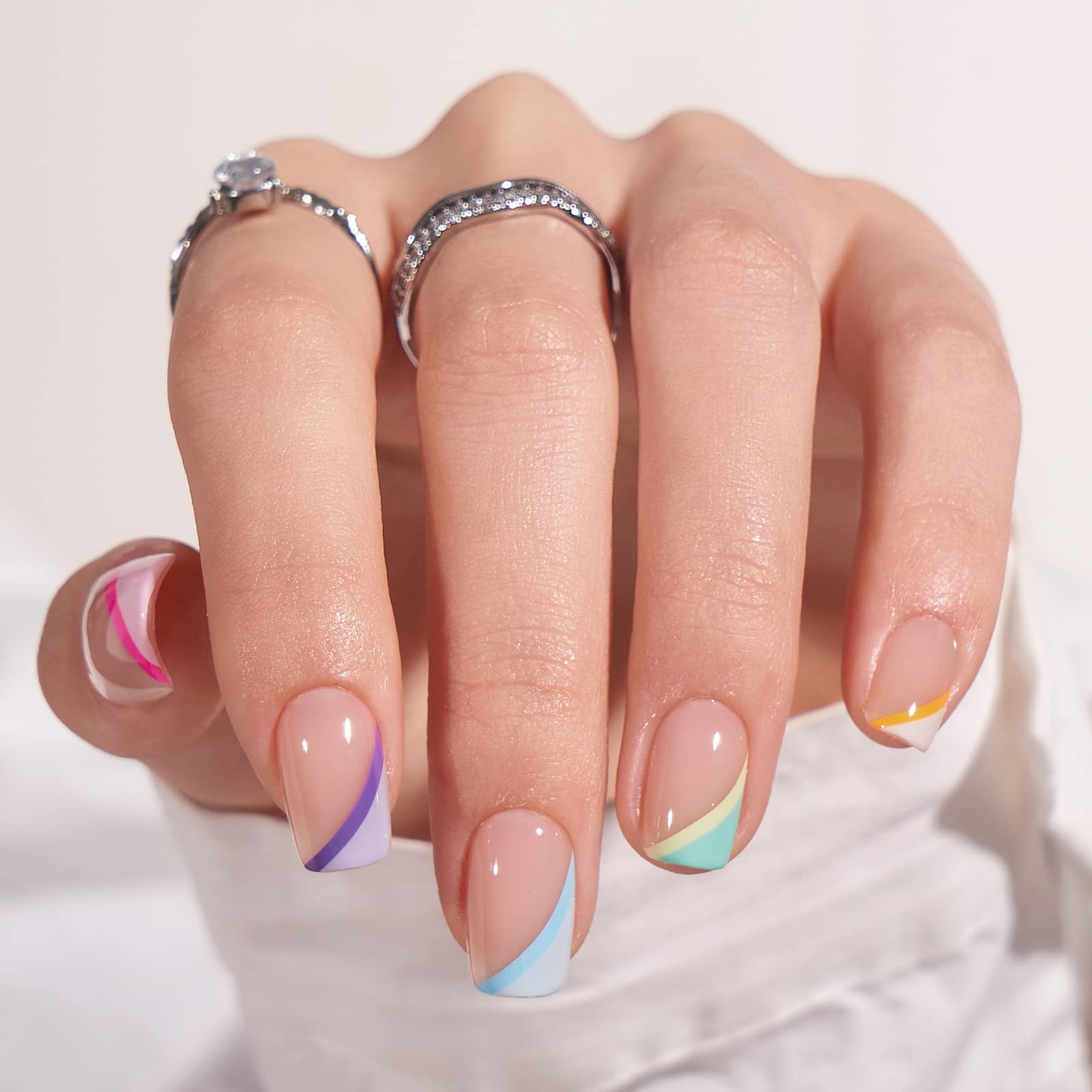 Multi Colored And Diverse French Edge Medium Length Press On Nails,Unique Personality Suitable For Girls And Women's Daily Wear