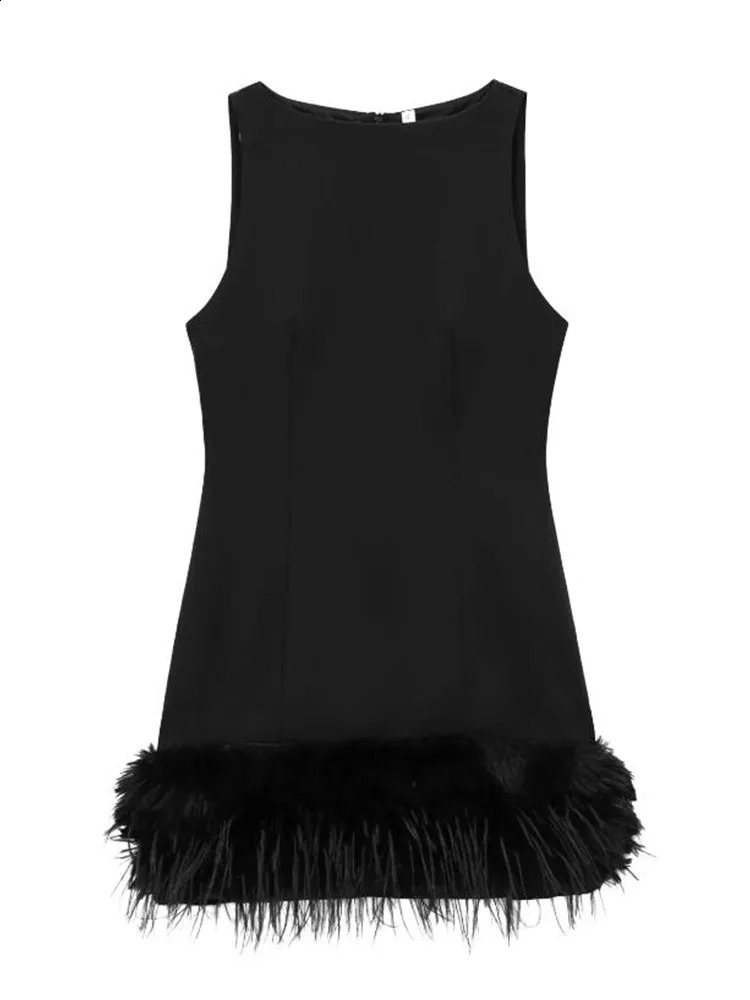 TFMLN Elegant Women Feathers Mini Dresses Sexy Slim Sleeveless Chic Party Dress Fashion Back Zipper Dress 250828