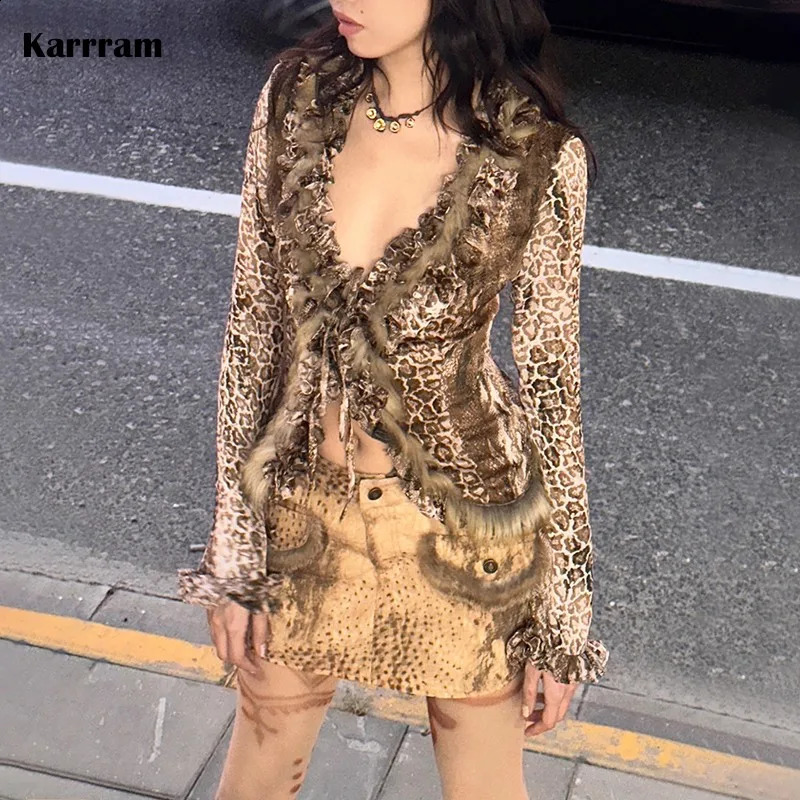 Karrram Japanese Y2k Leopard Print Shirt Vintage Harajuku Fur Shirt Grunge Aesthetics Vneck Irregular Blouses American Retro 250828