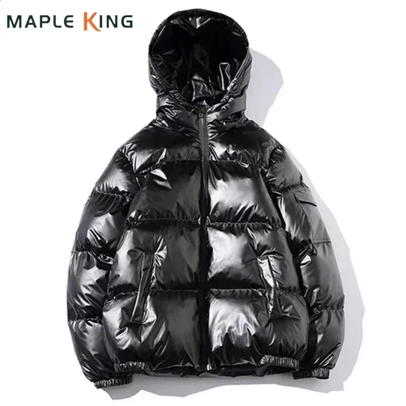 Glossy Black Mens Coats and Jackets Women Harajuku Parkas Cotton Padded Hooded Bright Jaqueta Masculina Unisex Winter Clothes 250829