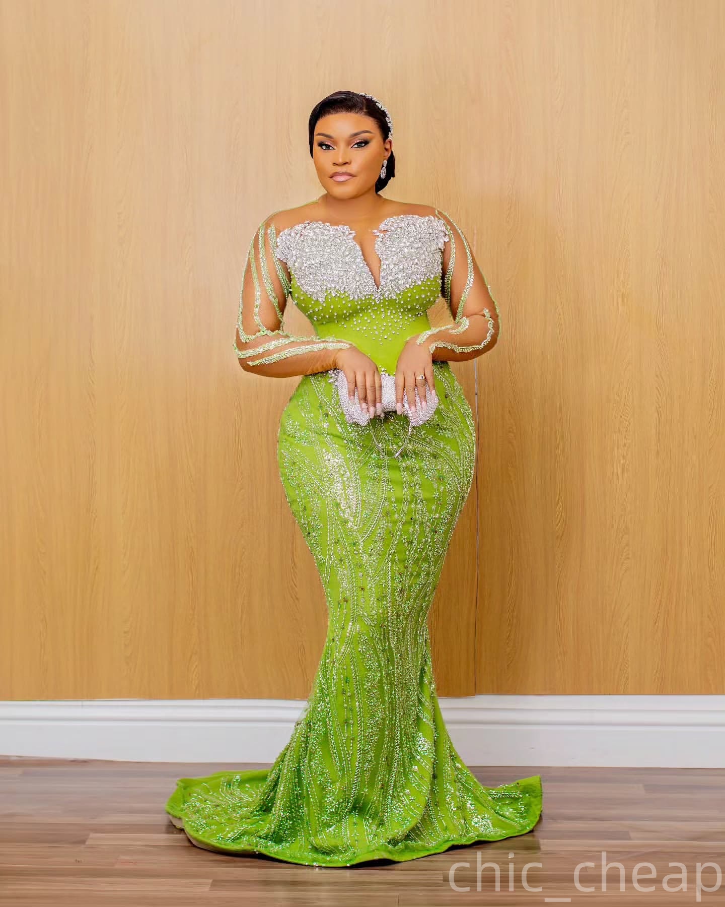 Aso Ebi Mermaid Green Prom Dress 2025 Sheer Neck Crystals Sequined Evening Formal Party Birthday Dresses Robe De Sorrie Reception Gowns For Special Oc