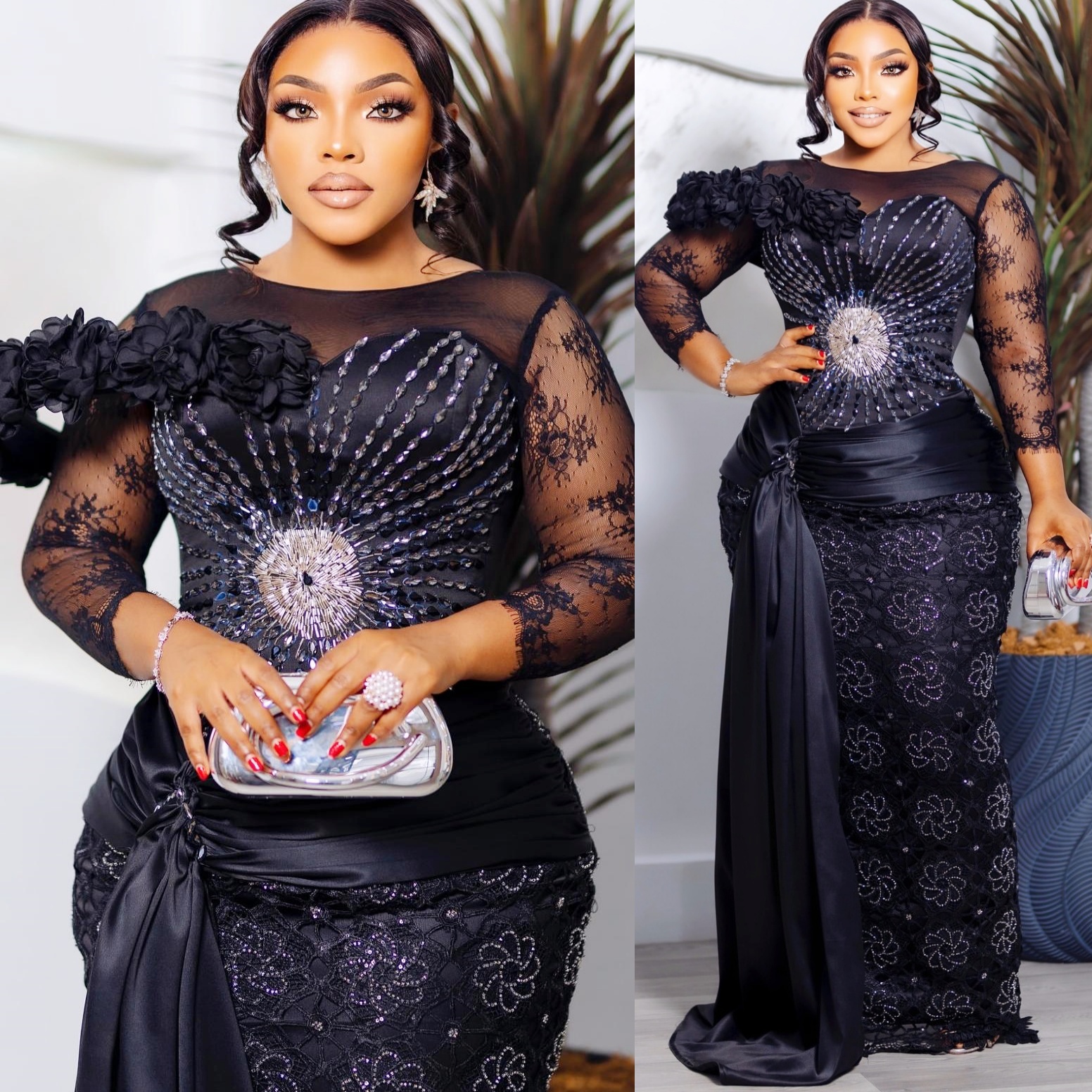 Aso Ebi Black Sheath Prom Dress 2025 Lace Beaded Crystals Flowers African Evening Formal Party Birthday Dresses Robe De Sorrie Reception Gowns For Spe