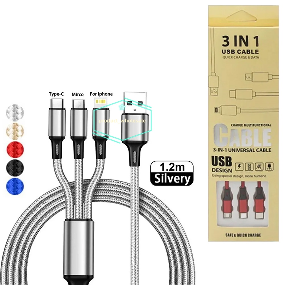 3 In 1 Metal Nylon Braided Micro V8 USB Type C 1.2M 4FT Cable Charging Cord Charger Cables iPhone Cable For iPhone 14 13 12 11 Pro Max Samsung Huawei Xiaomi with Retail Box