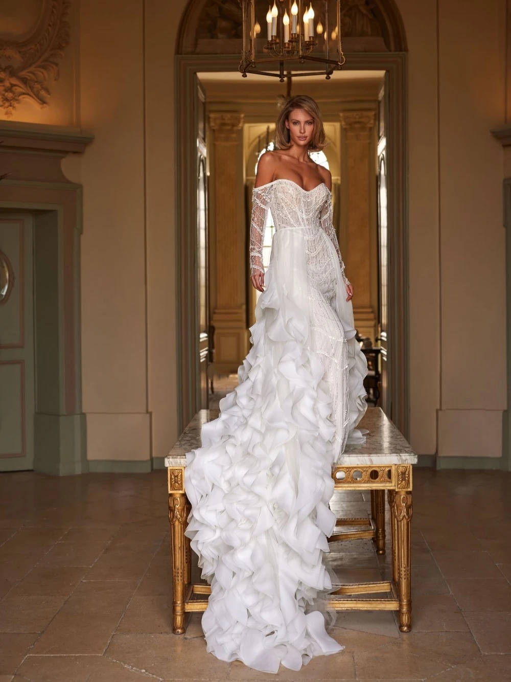 Graceful Mermaid Wedding Sequins Bridal Gowns with Overskirts Off Shoulder Ruffle Train Custom Made Bride Dresses Vestidos De Novia Plus Size