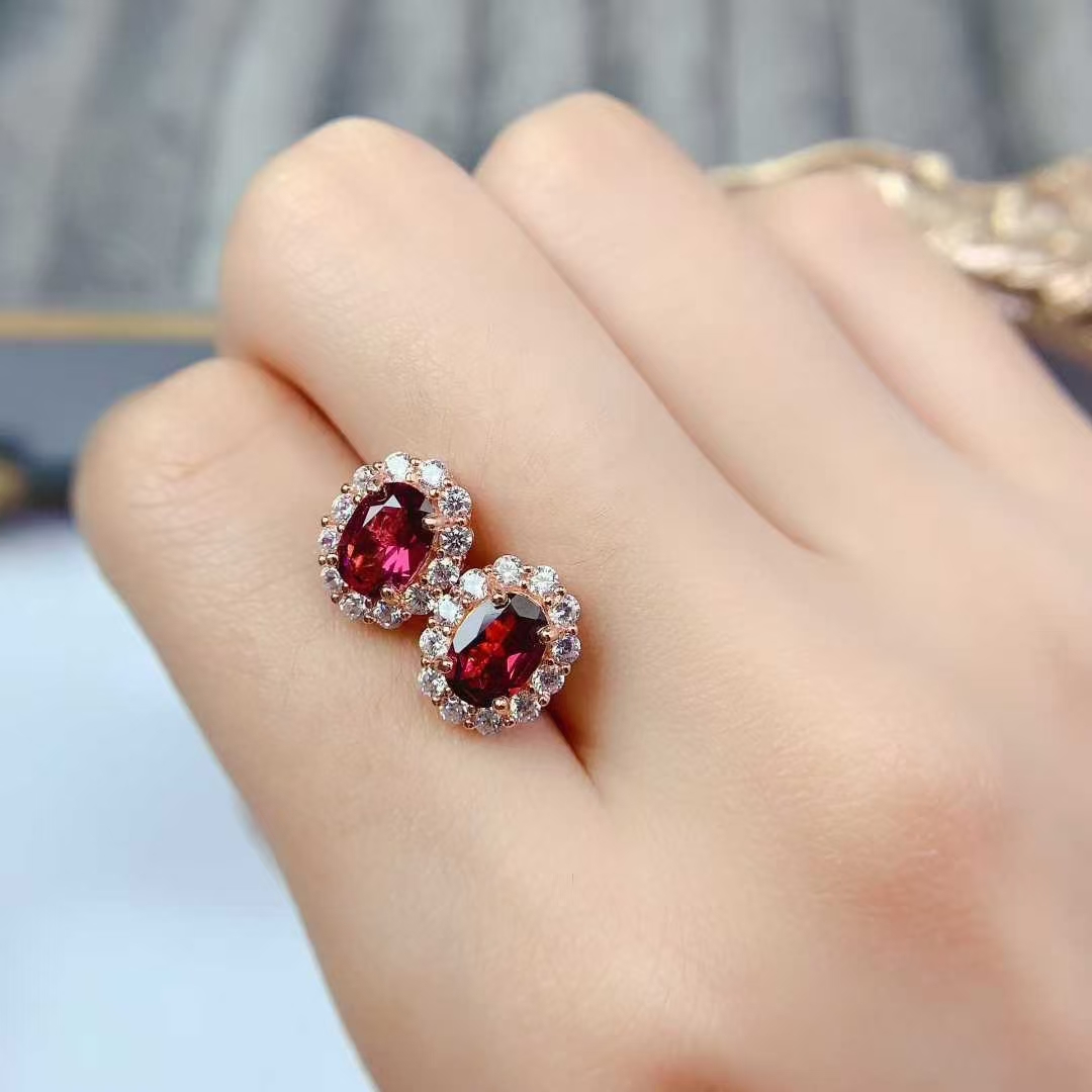 Real garnet silver earrings 925 silver gemstone stud earrings 5mm*7mm total 1.4ct natural garnet jewelry with 3 layers 18K gold plating allergy free