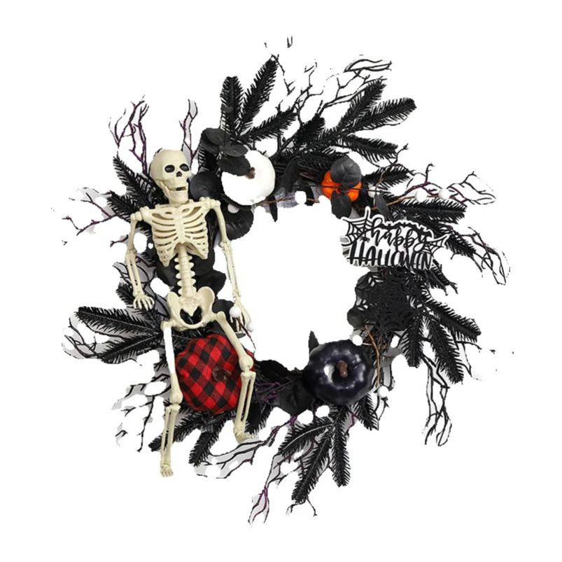 Halloween Skull Black and White Pumpkin Vine Ghost Festival Horror Front Door Wreath Hanging Decoration Bar Atmosphere Setup