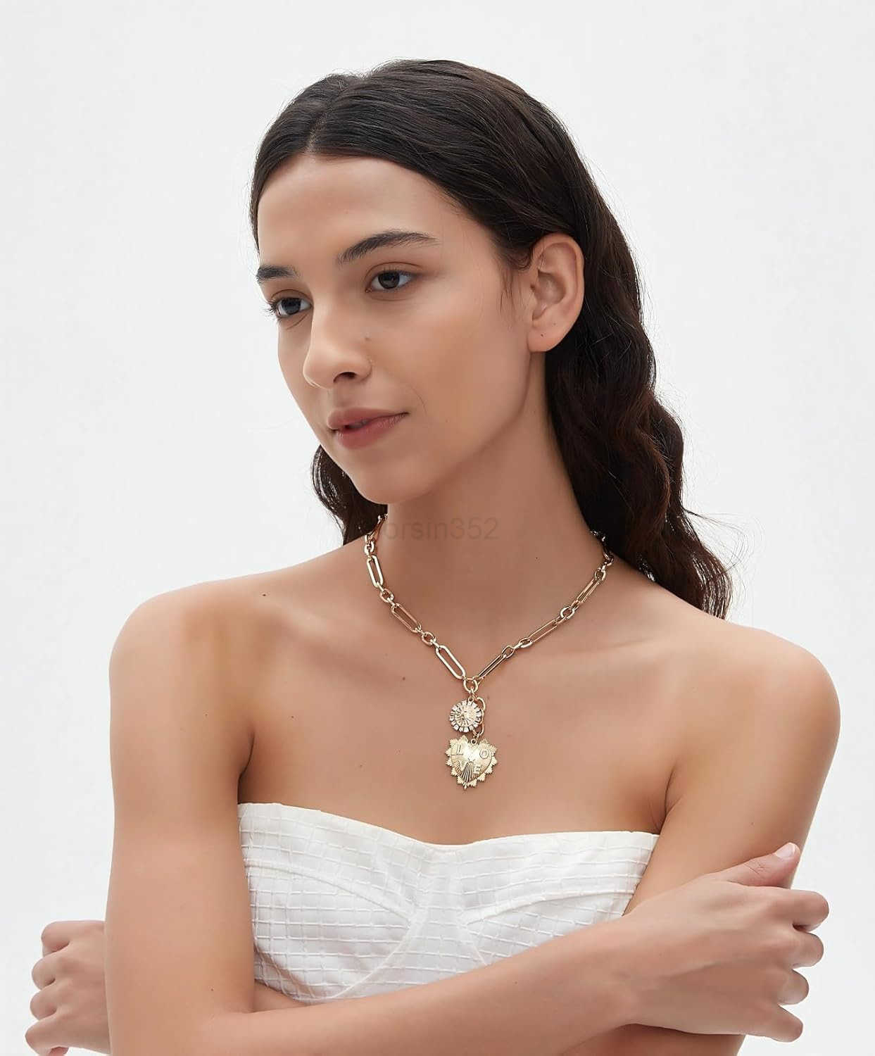 Sun Heart Charm Choker Necklace for Women MenGolden Plated With Zircons Inlaid PendantsThick Chunky Paperclip Chain Hip Hop Necklace Unisex JewelryCub