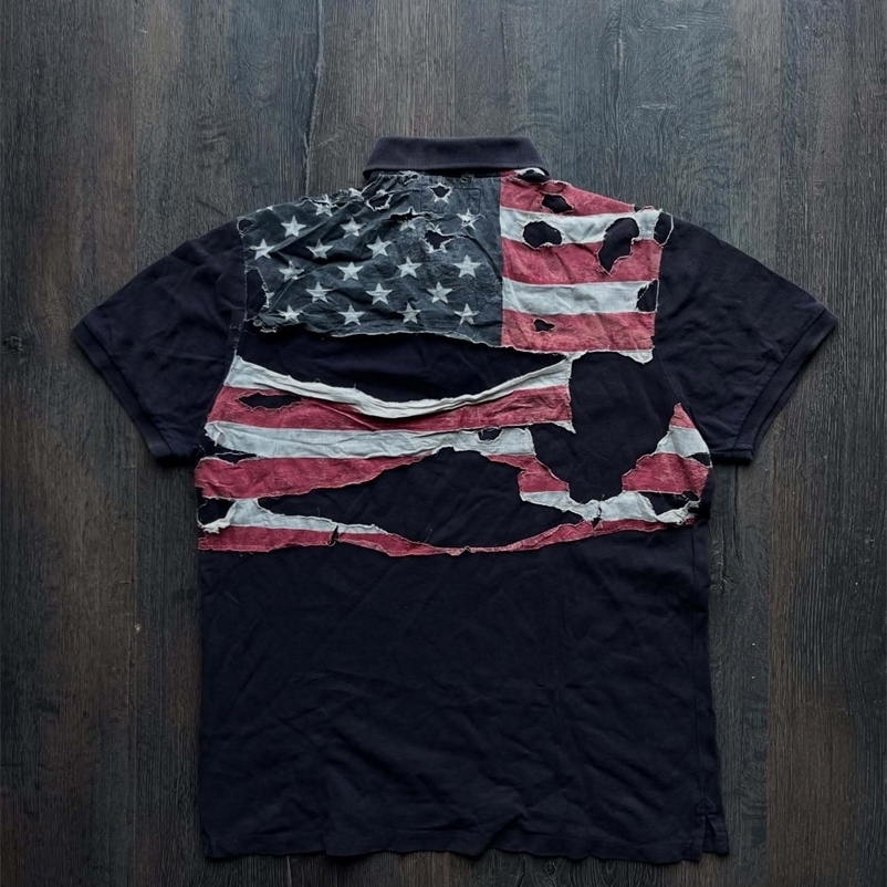 America Retro Flag Polo Shirt Streetwear Men Women Hip Hop Tear Patchwork Short Sleeve Shirt Y2k Cotton Top Baseball Clothing 250828