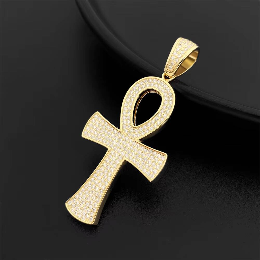 925 Silver Vermeil Necklace Iced Out VVS Moissanite Diamonds Ankh Pendant Tennis Chain Set Hip Hop Jewelry for Men Women Rapper