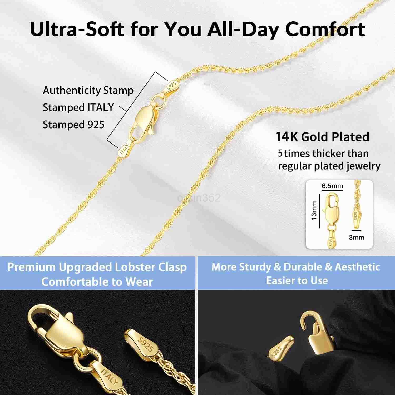 Italian 2mm Rope Chain 925 Sterling Silver Chain Necklace for Women 14K Plated Gold Chain for Women Smooth Sturdy Womens Chain Necklaces 16 18 20 22 2