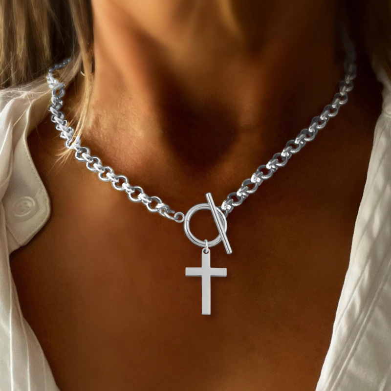 Chunky Cross Pendant Necklace for Women Vintage Inspired Gold Plated Layering Chain