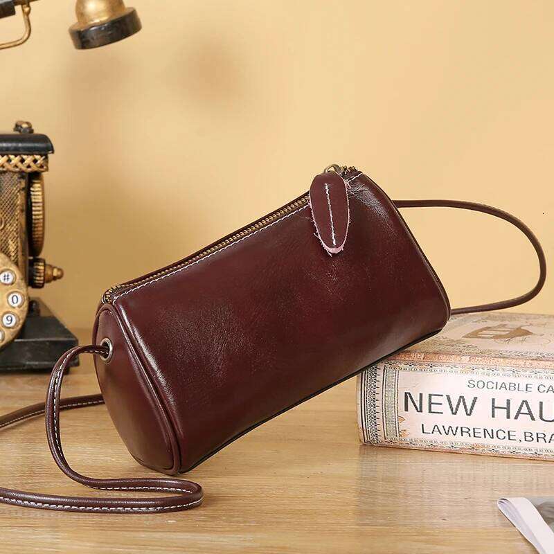 Cowhide Genuine Leather Popular Cylinder Bags Retro Trendy Messenger Bag Women's Designer Shoulder Handbag For Ladies