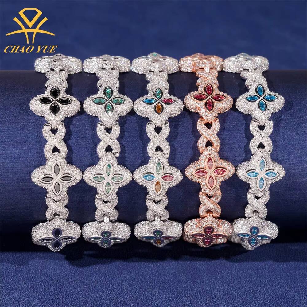 European American 15mm 925 Silver VVS Moissanite Bracelet Colorful Cuban Style Hip Hop Street Clover CrossBorder Product