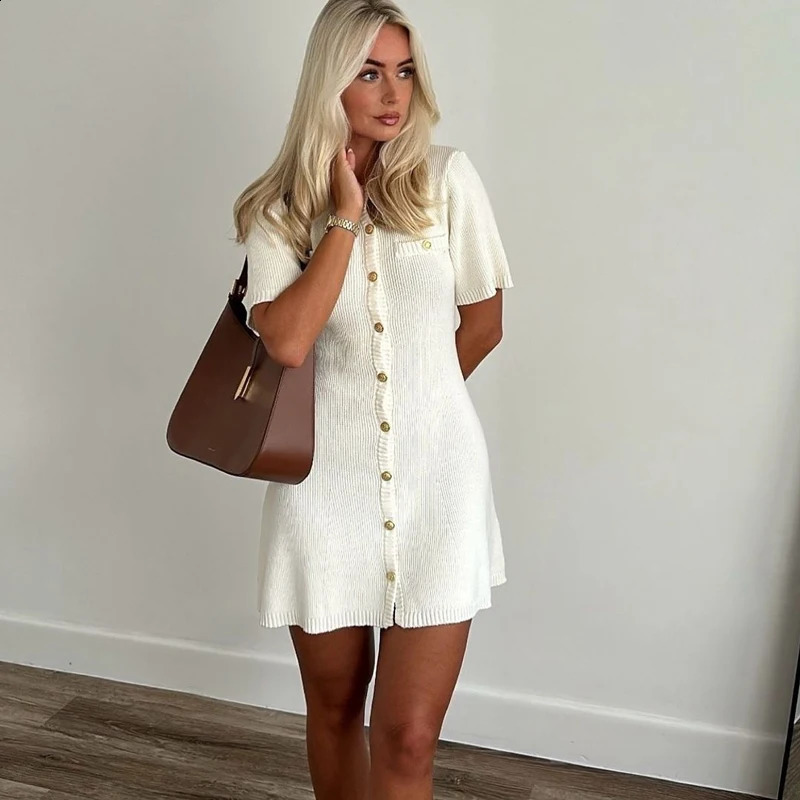 White Elegant Knitted Mini Dress For Women Metal Button Sexy Slim Rib Sweater Holiday Party Outfits Autumn 2024 250828