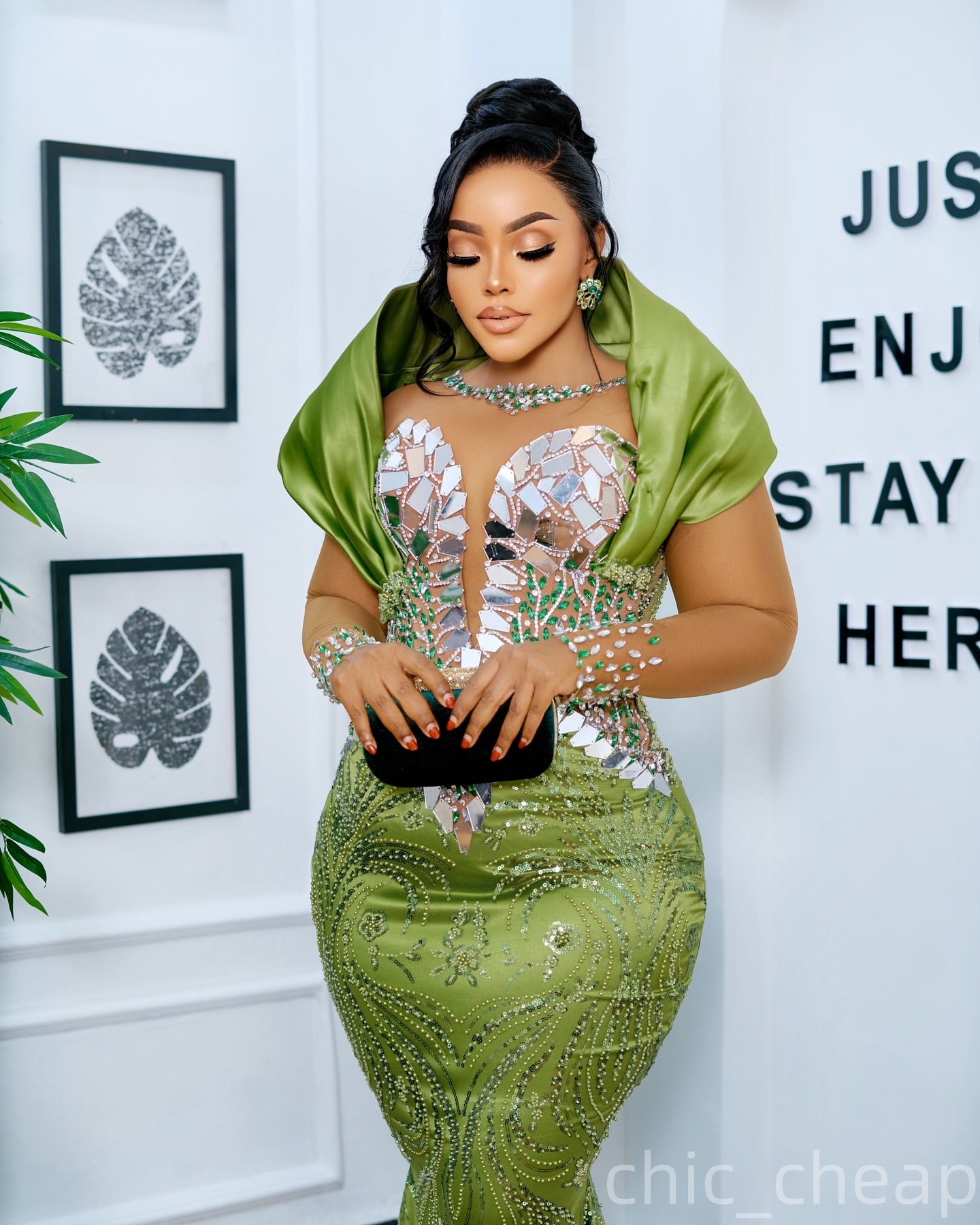 Aso Ebi Mermaid Green Prom Dress 2025 Crystals Full Sleeves African Evening Formal Party Birthday Dresses Robe De Sorrie Reception Gowns For Special O