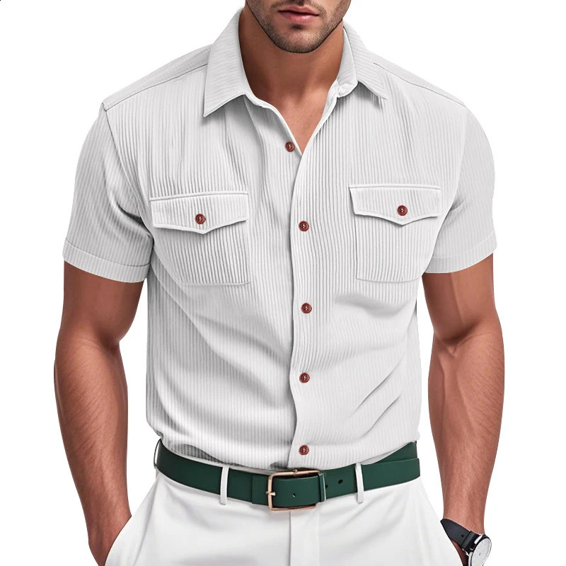 Fashion Ribbed Textured Corduroy Cargo Shirt Men Summer Casual Solid Color Buttoned Shirts Mens Leisure Short Sleeve 250828
