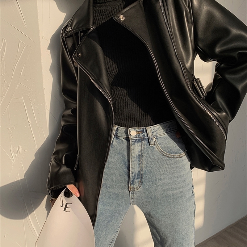 Lautaro Black Faux Leather Biker Jacket Long Sleeve Zipper Belt Loose Luxury Korean Fashion Autumn Clothes Women Wholesale y250828