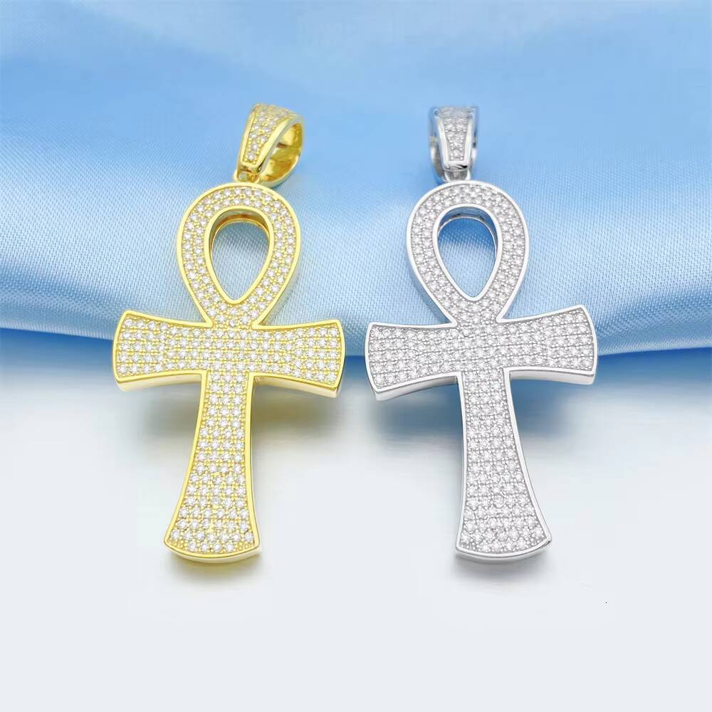 925 Silver Vermeil Necklace Iced Out VVS Moissanite Diamonds Ankh Pendant Tennis Chain Set Hip Hop Jewelry for Men Women Rapper