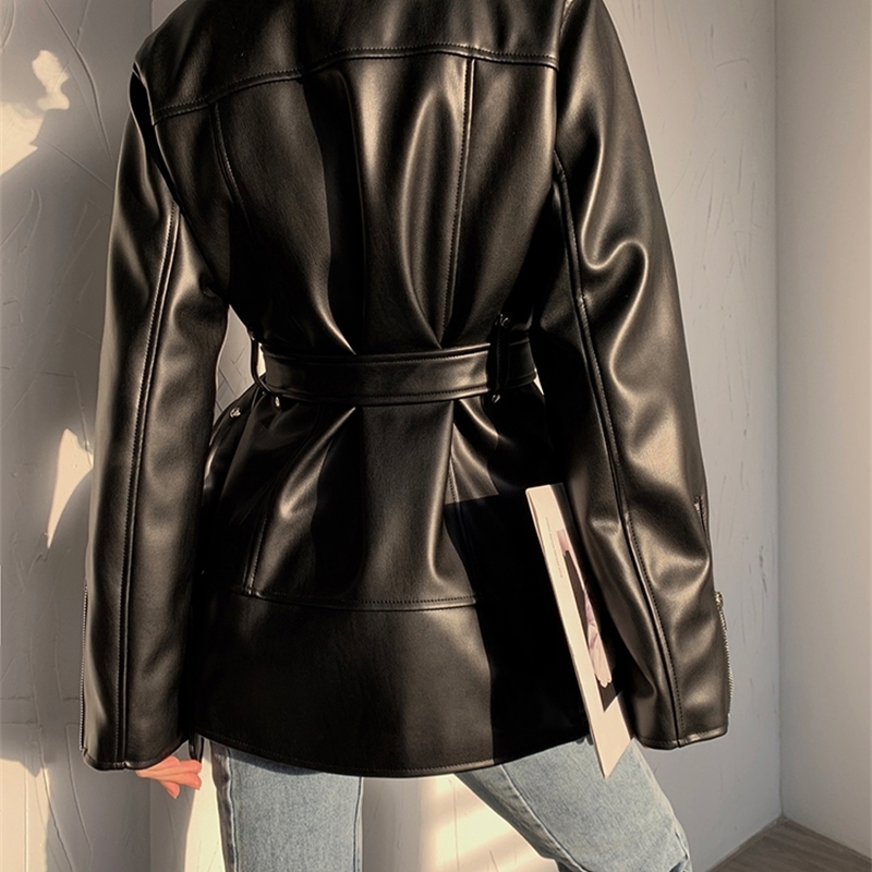 Lautaro Black Faux Leather Biker Jacket Long Sleeve Zipper Belt Loose Luxury Korean Fashion Autumn Clothes Women Wholesale y250828