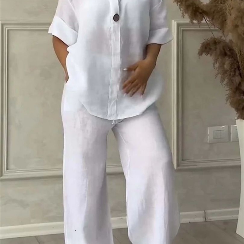 Womens Cotton and Linen Pants Suit Casual Solid Pullover Pants 2piece Set White Pink Simple Wide Leg Pants Two Piece Set Suits 250828