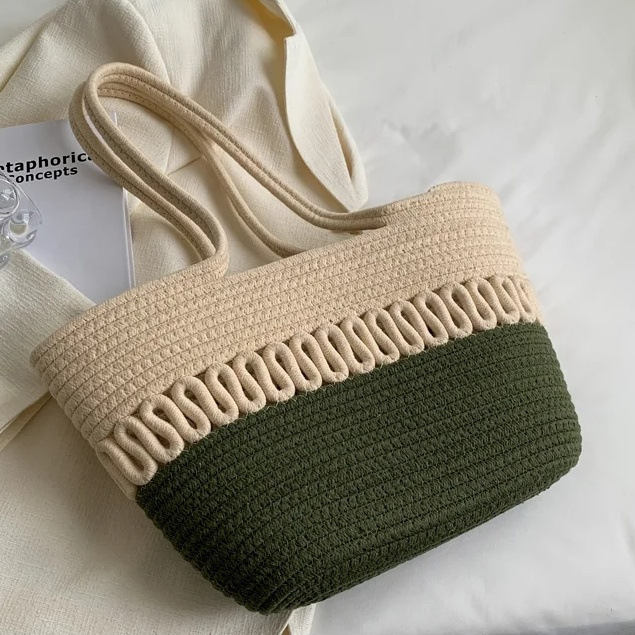 2025 autumn new minimalist niche design atmospheric hollow cotton woven bag large capacity beach vacation women's bag beach bag designer shoulder