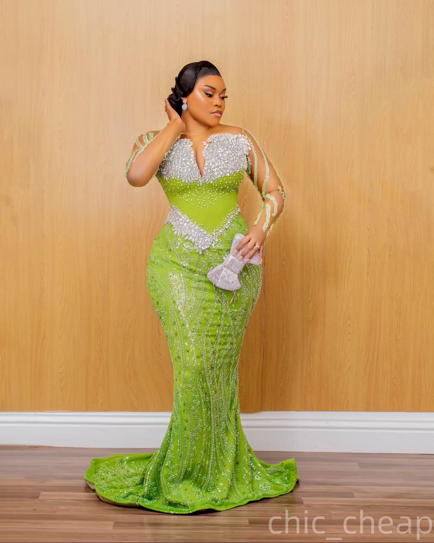 Aso Ebi Mermaid Green Prom Dress 2025 Sheer Neck Crystals Sequined Evening Formal Party Birthday Dresses Robe De Sorrie Reception Gowns For Special Oc