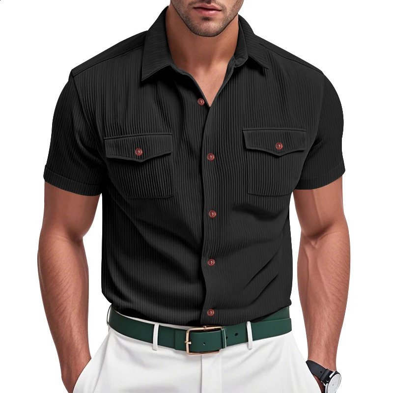Fashion Ribbed Textured Corduroy Cargo Shirt Men Summer Casual Solid Color Buttoned Shirts Mens Leisure Short Sleeve 250828