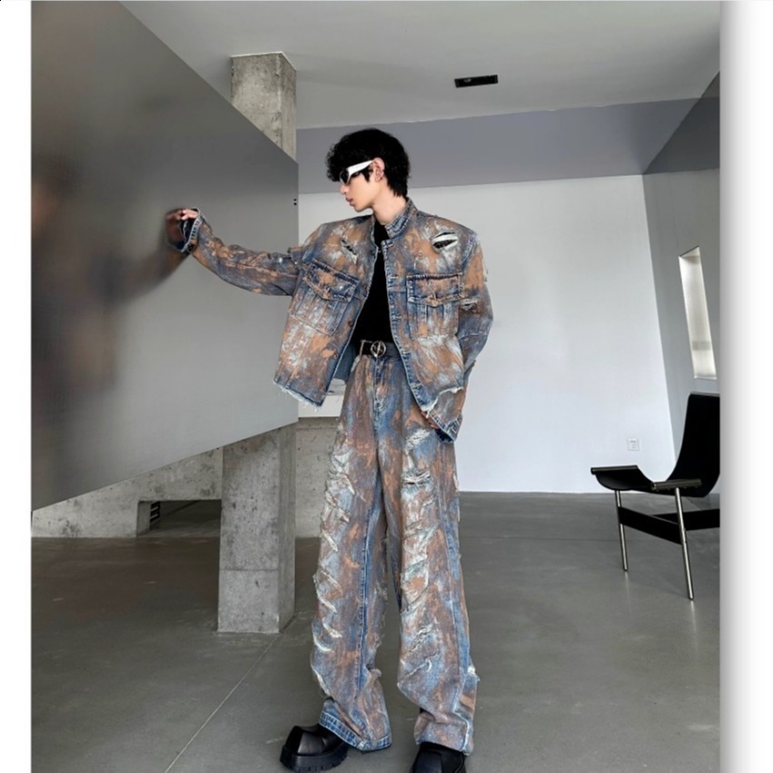 2025 Spring and Autumn New American Style Painted Vintage Denim Jacket and Ripped Denim Pants Mens Loose Set 250617