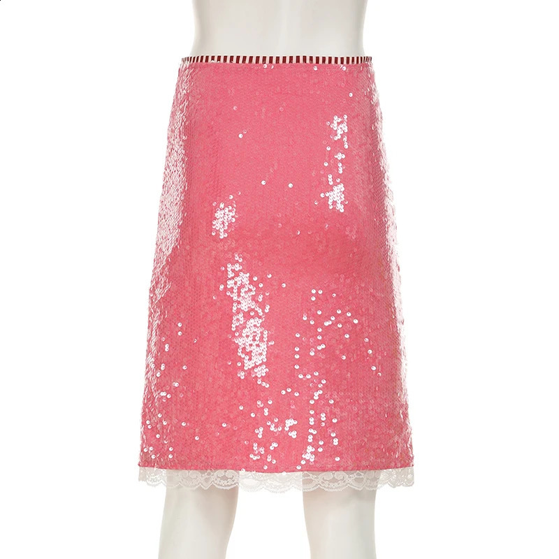 SUCHCUTE Elegant Pink Sequin Skirt for Women Summer Streetwear Fashion Lady Slim Bodycon Skirts Vacation Club Party Skirts Y2K 250828