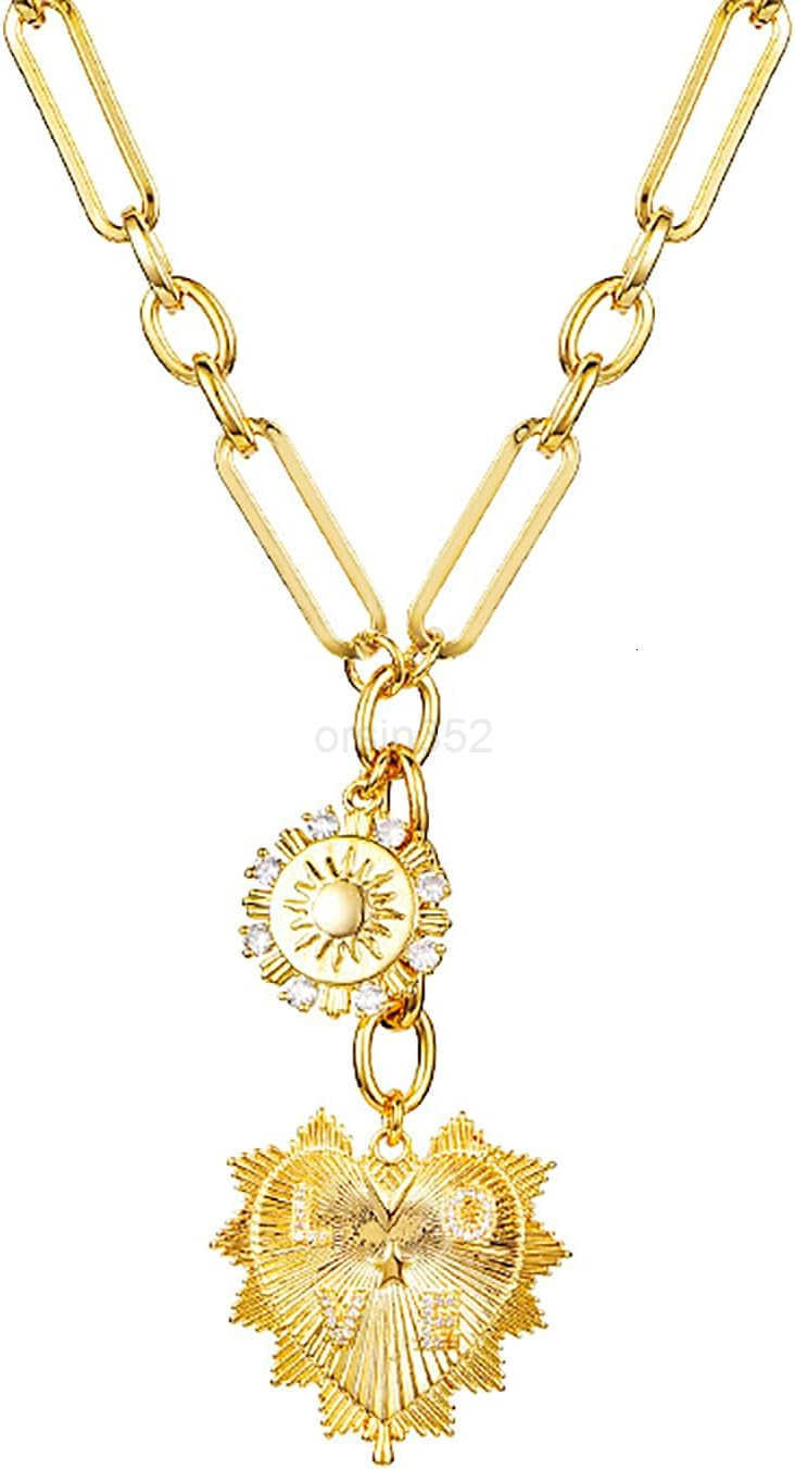Sun Heart Charm Choker Necklace for Women MenGolden Plated With Zircons Inlaid PendantsThick Chunky Paperclip Chain Hip Hop Necklace Unisex JewelryCuban Y260117