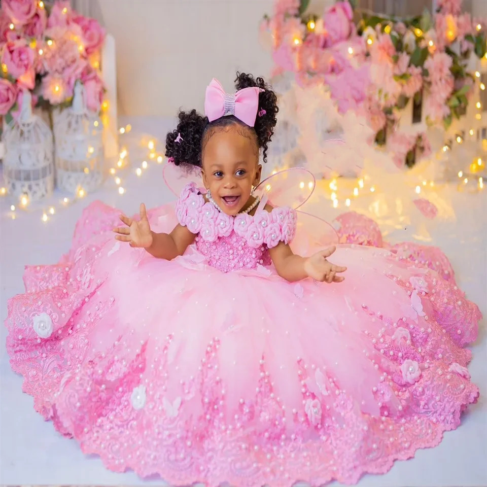 Pink Flower Girl Dresses Big Pearls Lace Ball Gown First Communion Dress Birthday Pos Shoot Gowns for Party250829