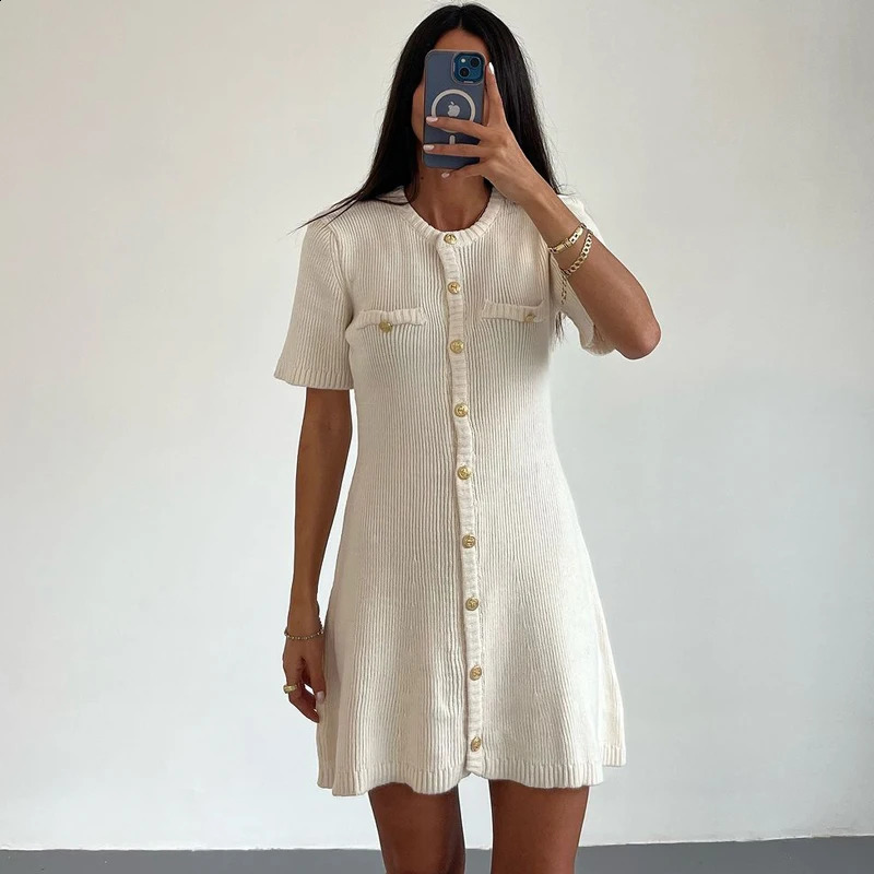 White Elegant Knitted Mini Dress For Women Metal Button Sexy Slim Rib Sweater Holiday Party Outfits Autumn 2024 250828