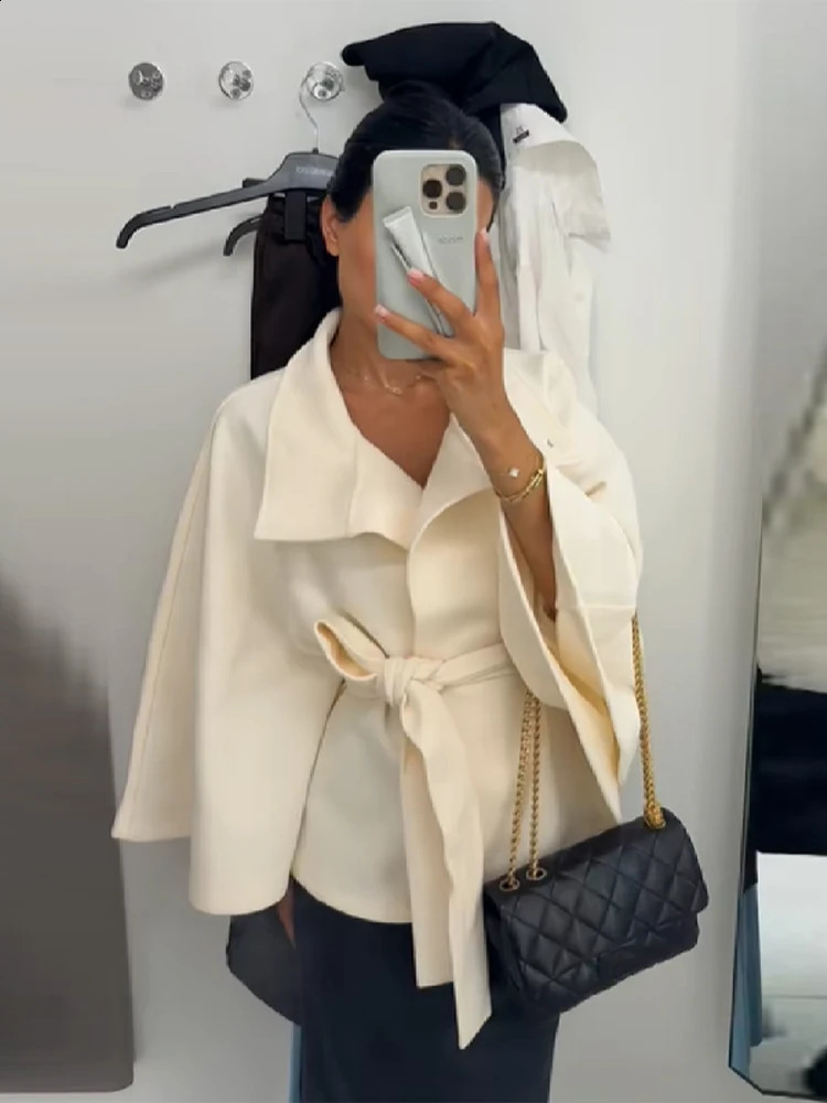 Woman Elegant Vintage Cape Coat Loose Stand Neck Belt Single Breasted Female Streetwear 2025 Autumn Winter Casual Lady Outwear 250828