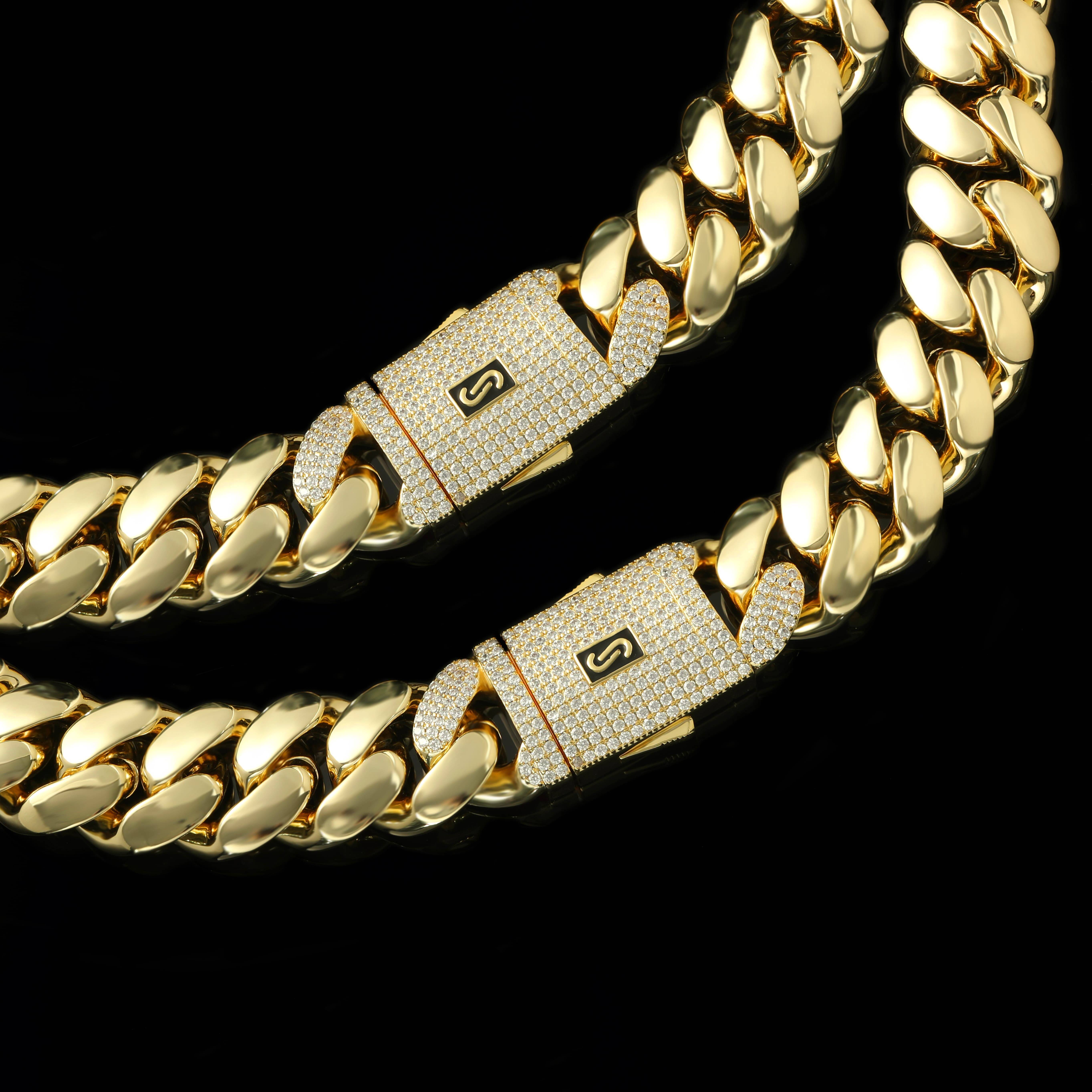 Hiphop Jewelry Iced Out Diamond Clasp Flat Monaco Chain 14K Gold Plated Cuban Link Chain Choker Necklace for Women Custom