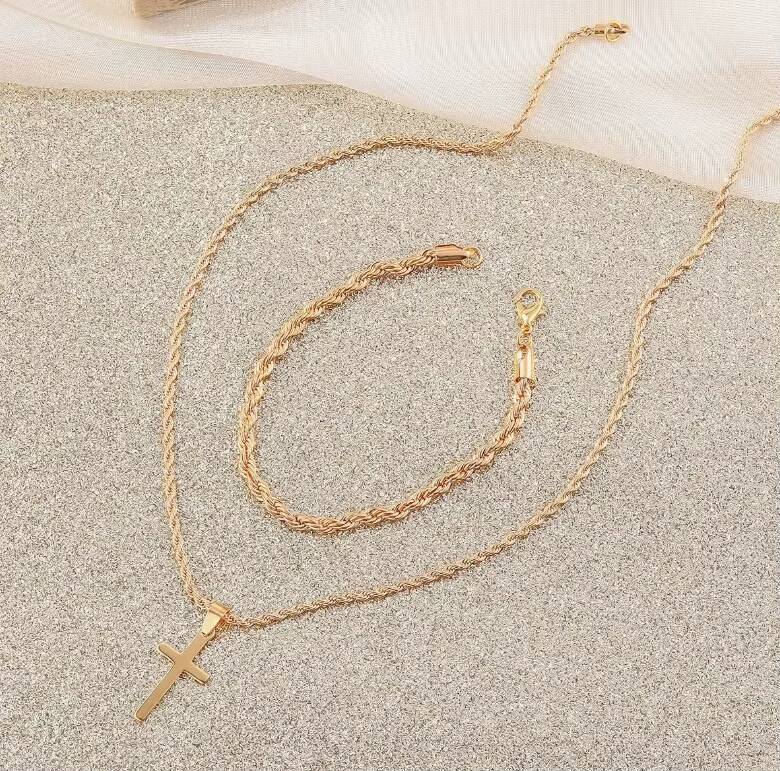 3PCS OEM Popular Black Cable Chain Bracelet Rings Metal Cross Pendant Necklace for Men Seaside Vacation Party Jewelry Gift Set