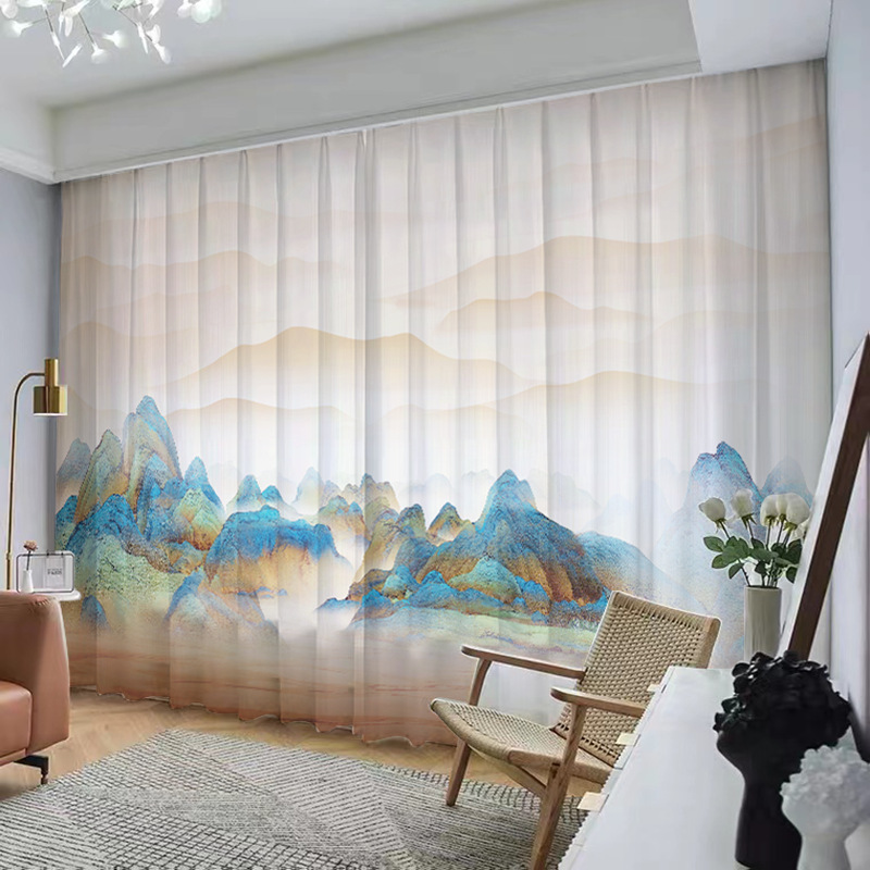 YL-37120 Chinese style ink landscape painting, new Chinese style curtains, new mesh curtains, classical and simple living room window curtain