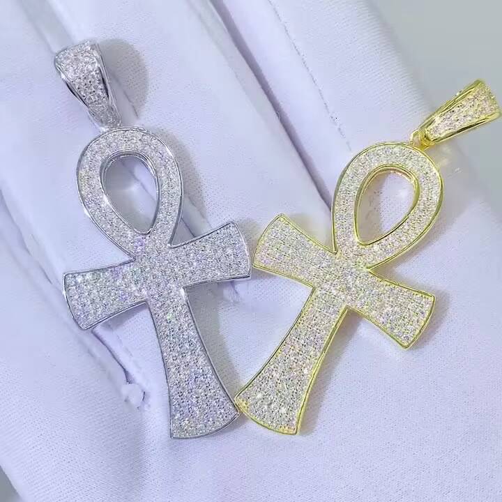 925 Silver Vermeil Necklace Iced Out VVS Moissanite Diamonds Ankh Pendant Tennis Chain Set Hip Hop Jewelry for Men Women Rapper