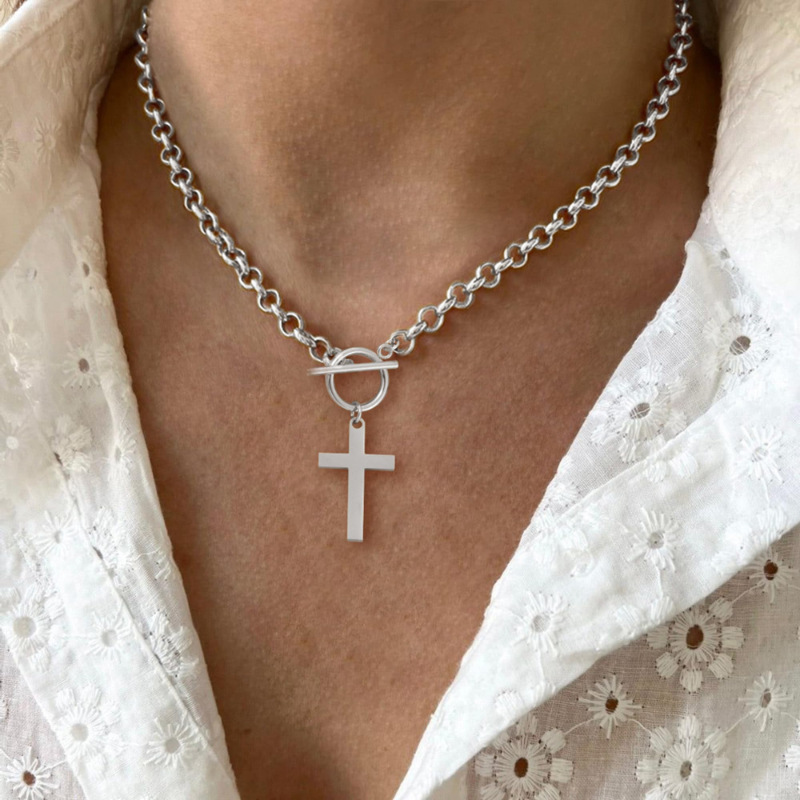 Chunky Cross Pendant Necklace for Women Vintage Inspired Gold Plated Layering Chain